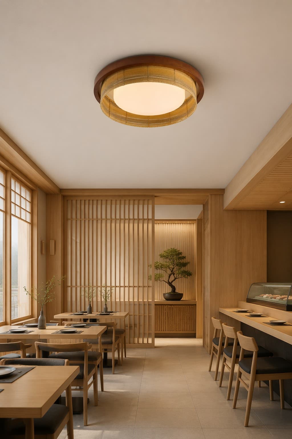 Modern Japanese Vertical Rib Bamboo Weave Ceiling Light - Eco-Natural LED Flush Mount