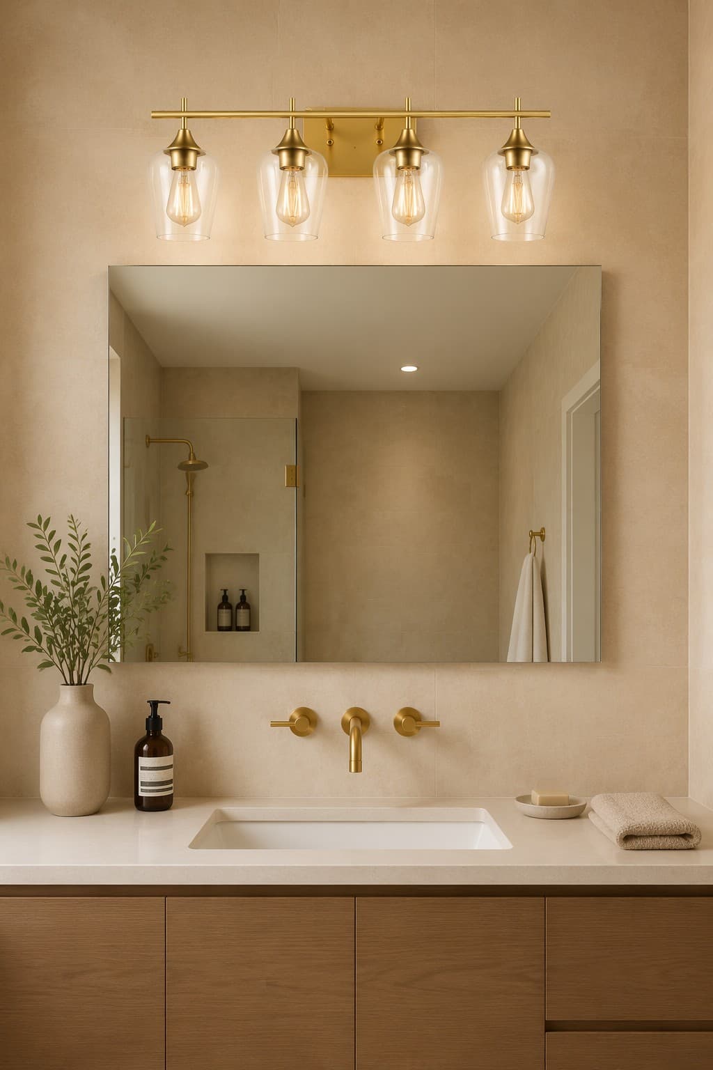 Modern 4-Light Glass Shade Bathroom Vanity Wall Sconce | Brass & Black Linear Wall Lamp