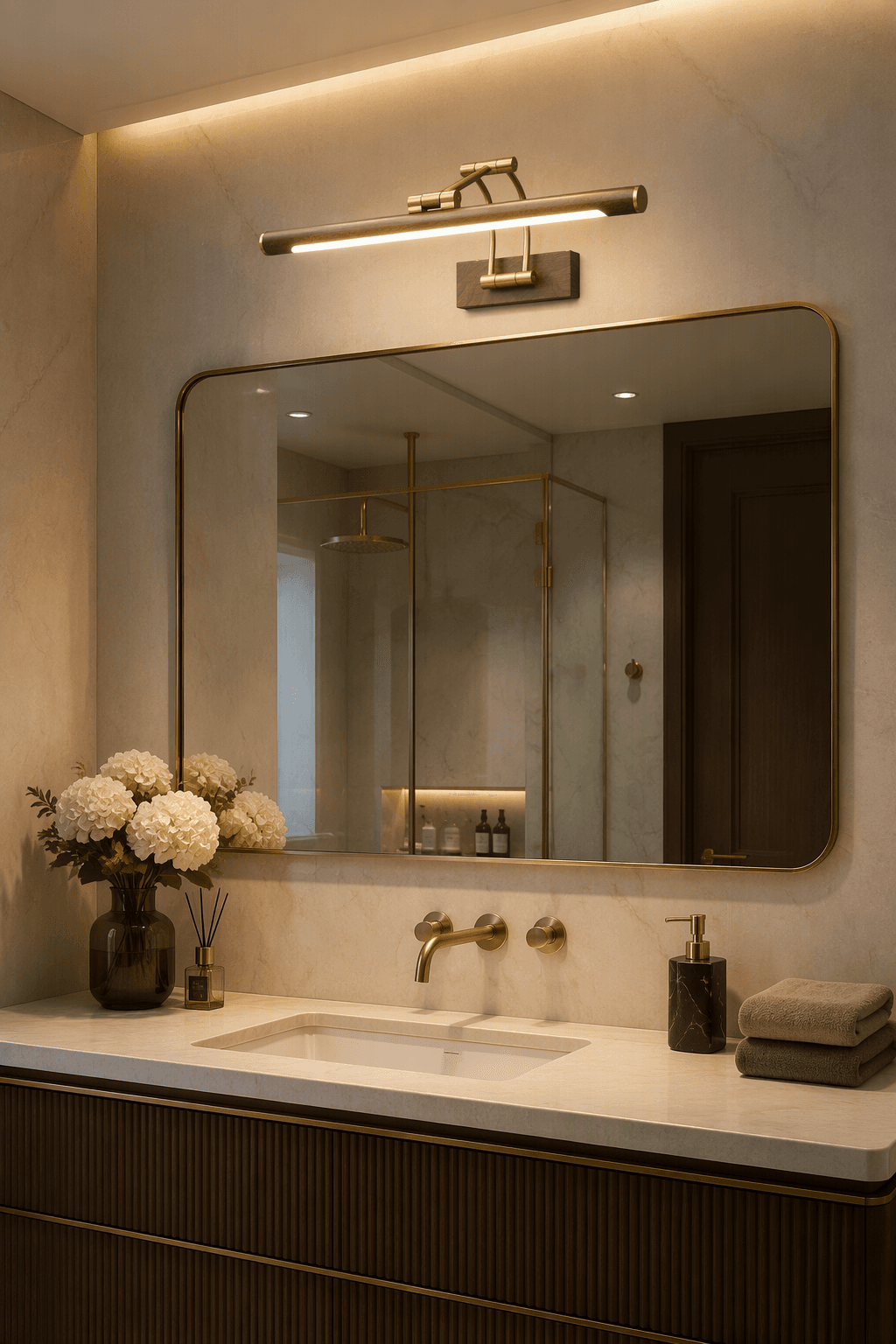 Modern Walnut Wood LED Vanity Mirror Light | Luxury Brass Linear Wall Lamp for Bathroom & Bedroom