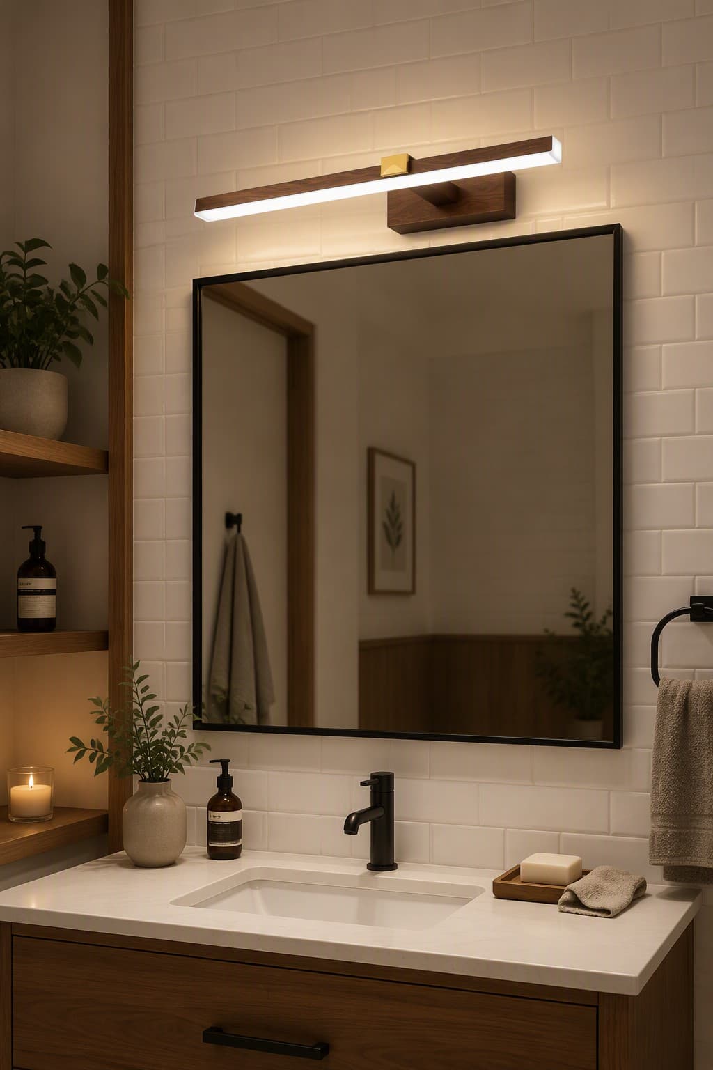 Modern Wood Finish LED Bathroom Mirror Light | Minimalist Linear Vanity Wall Lamp