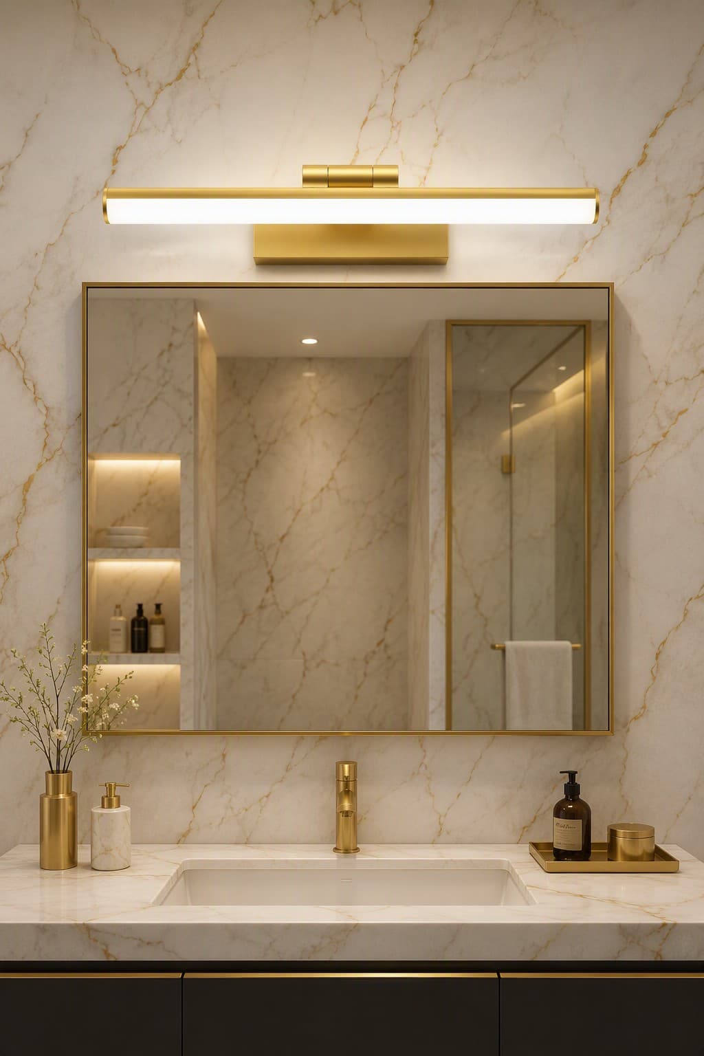 Modern Linear LED Mirror Front Light with Rectangular Base and Circular End Caps
