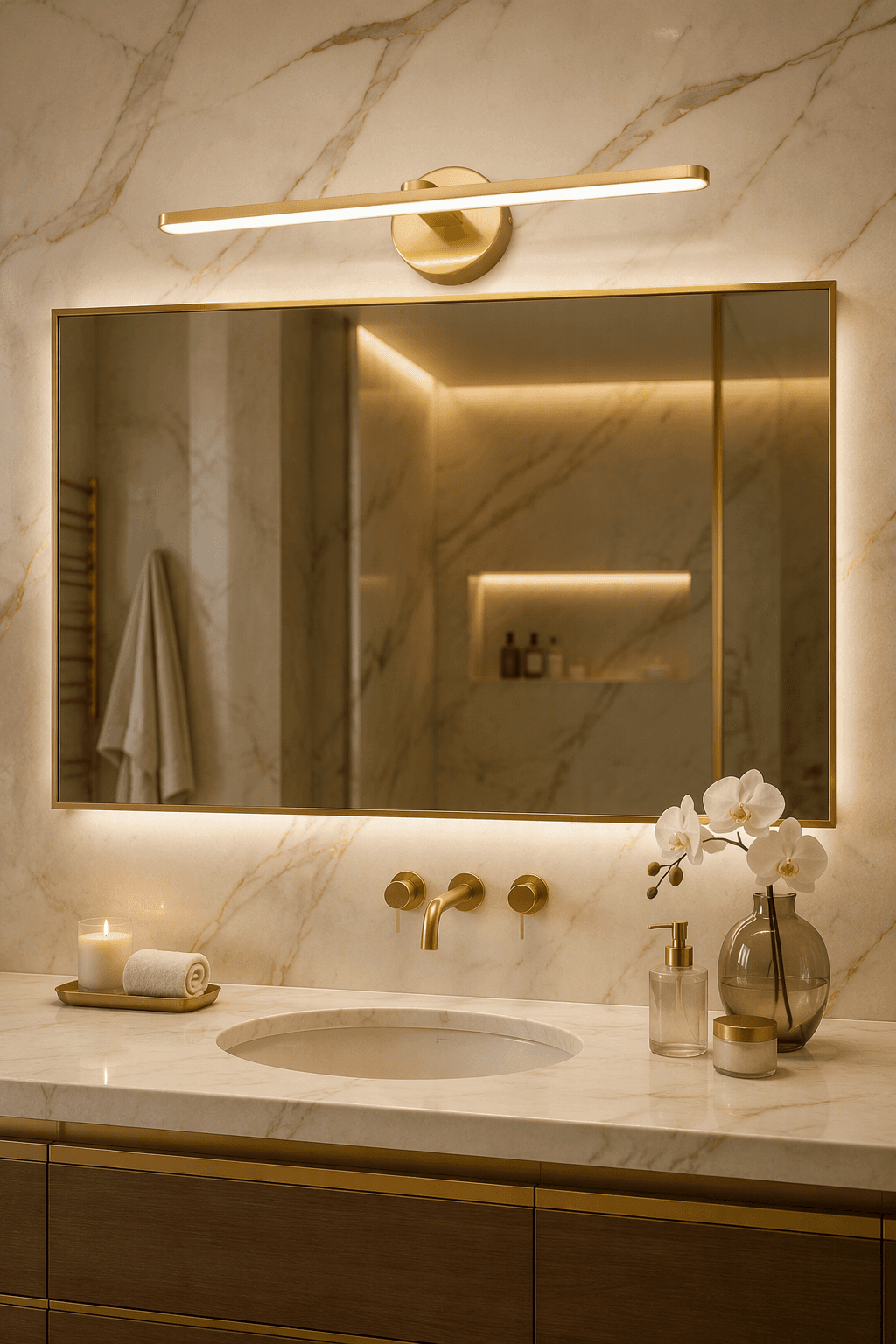 Luxury Minimalist Round Base LED Mirror Front Lamp with Gold Finish