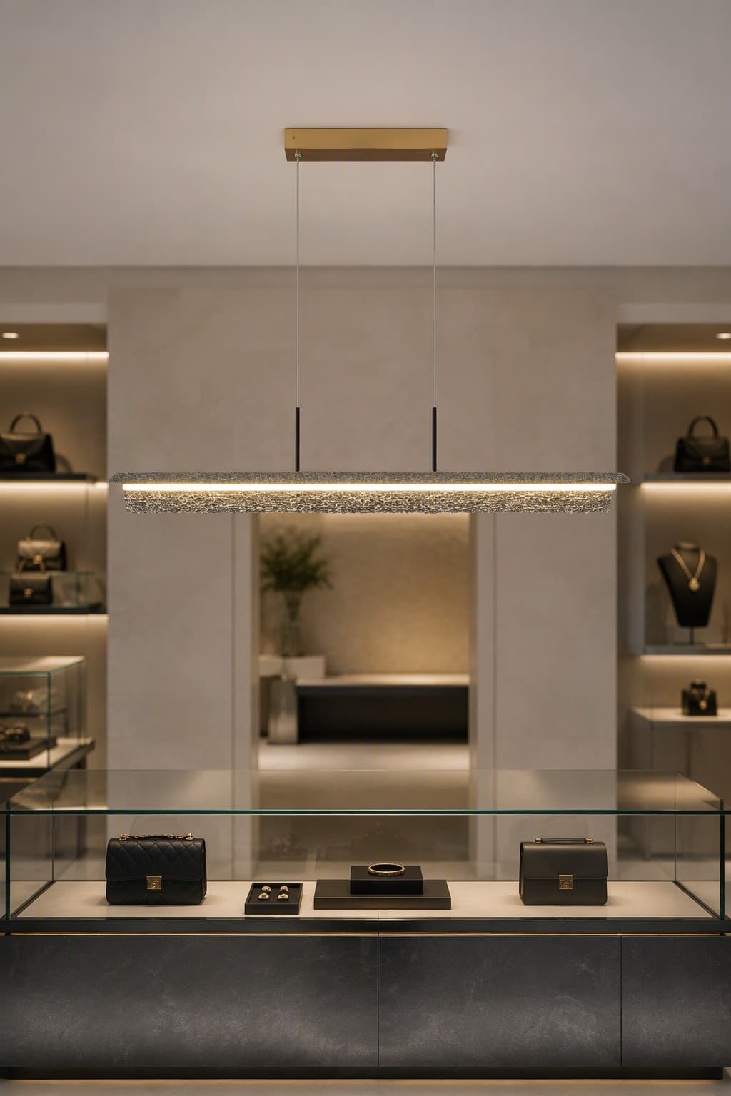 Modern Geometric LED Linear Chandelier with Crushed Crystal Bar and Rectangular Base