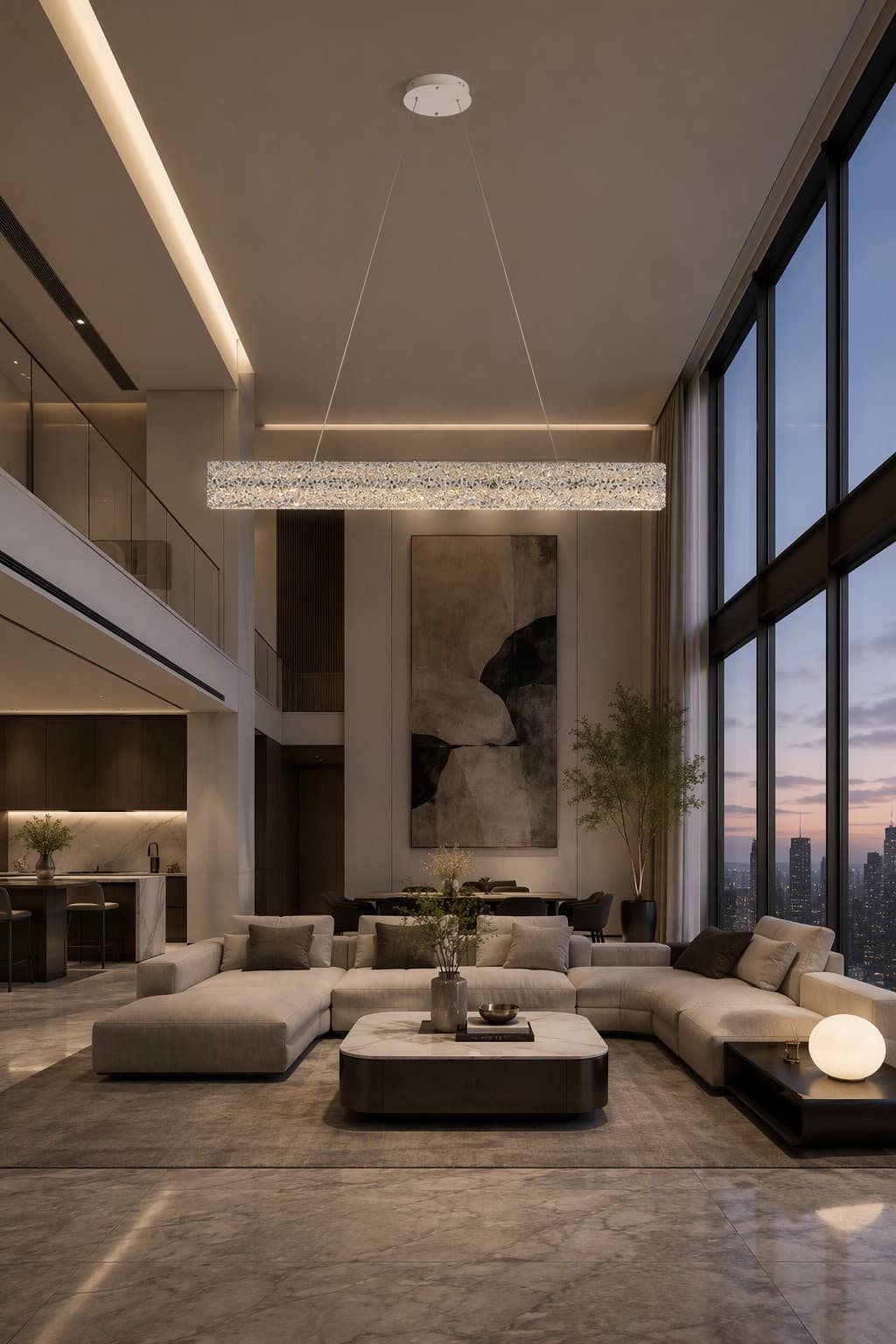 Grand 1000mm LED Linear Chandelier with Round Canopy and V-Wire Suspension