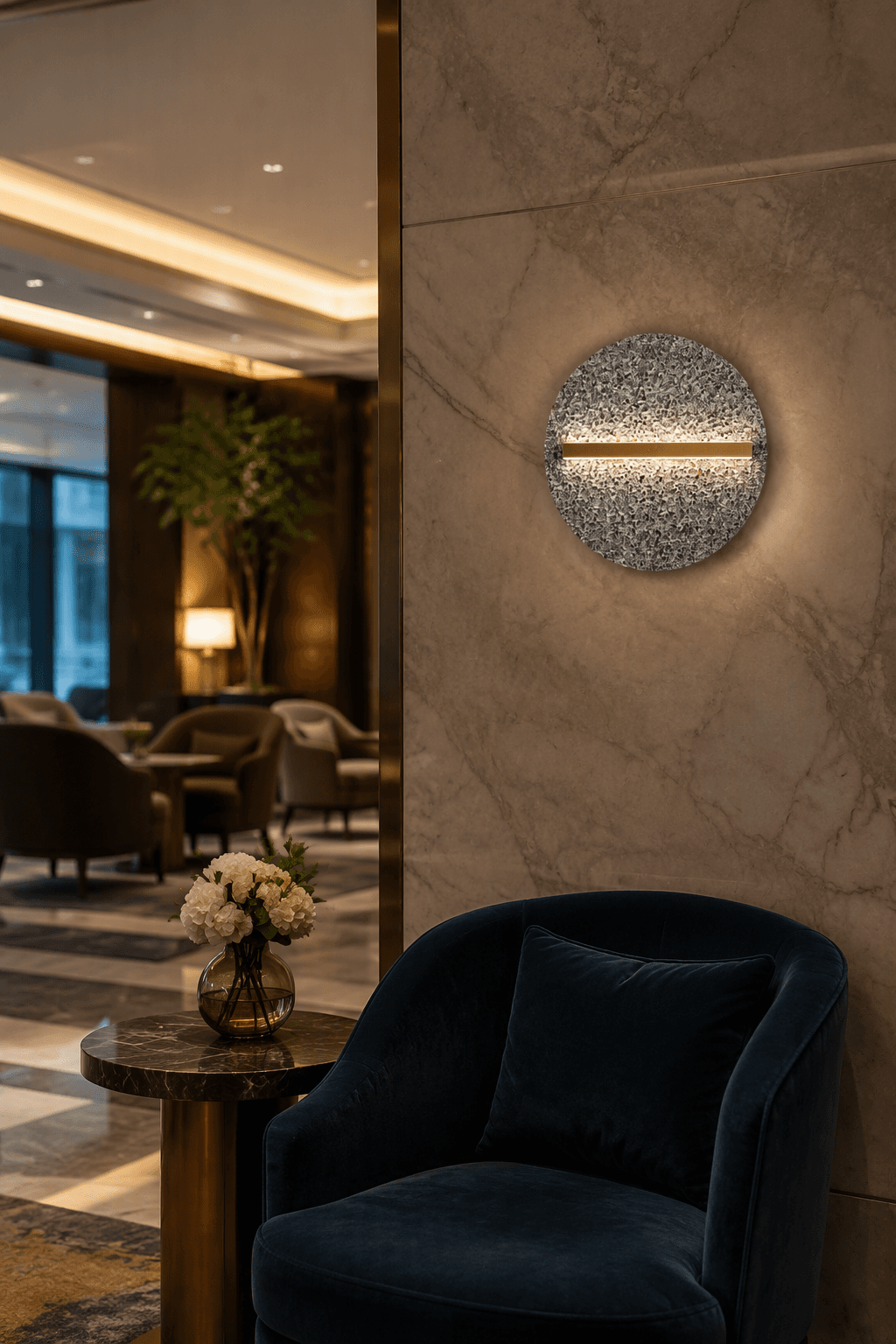 Luxury Volcanic Stone LED Wall Sconce with Gold Bar Accent - Modern Indirect Lighting for High-End Living & Hotel Areas