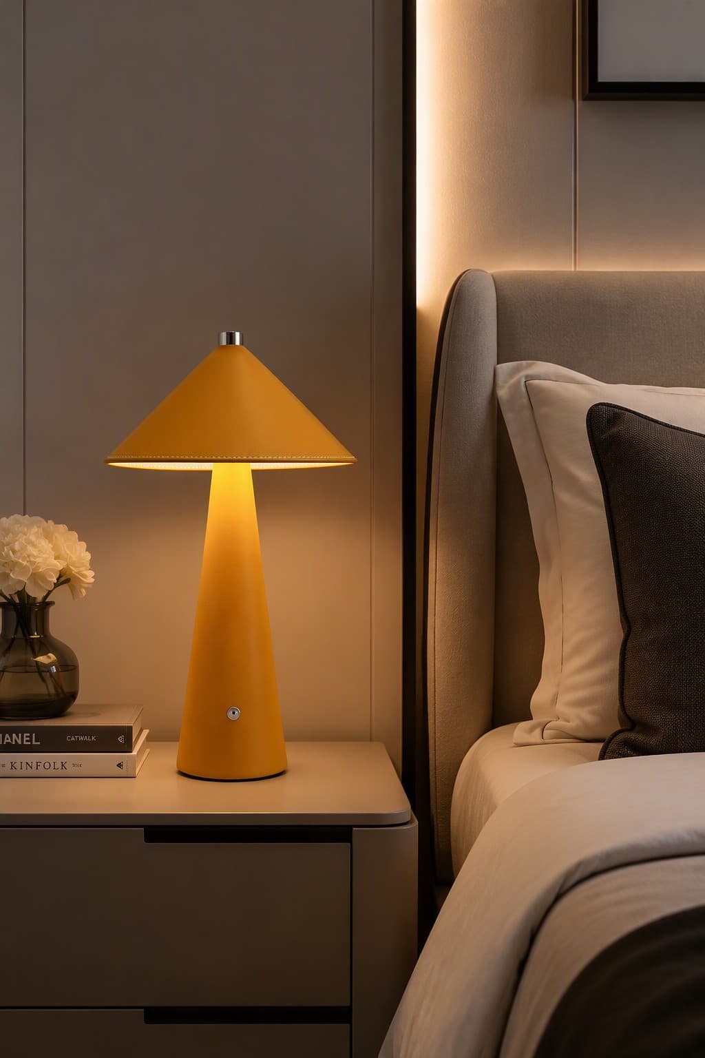 Nordic Luxury Leather-Wrapped Conical Rechargeable LED Table Lamp with 3-Color CCT -