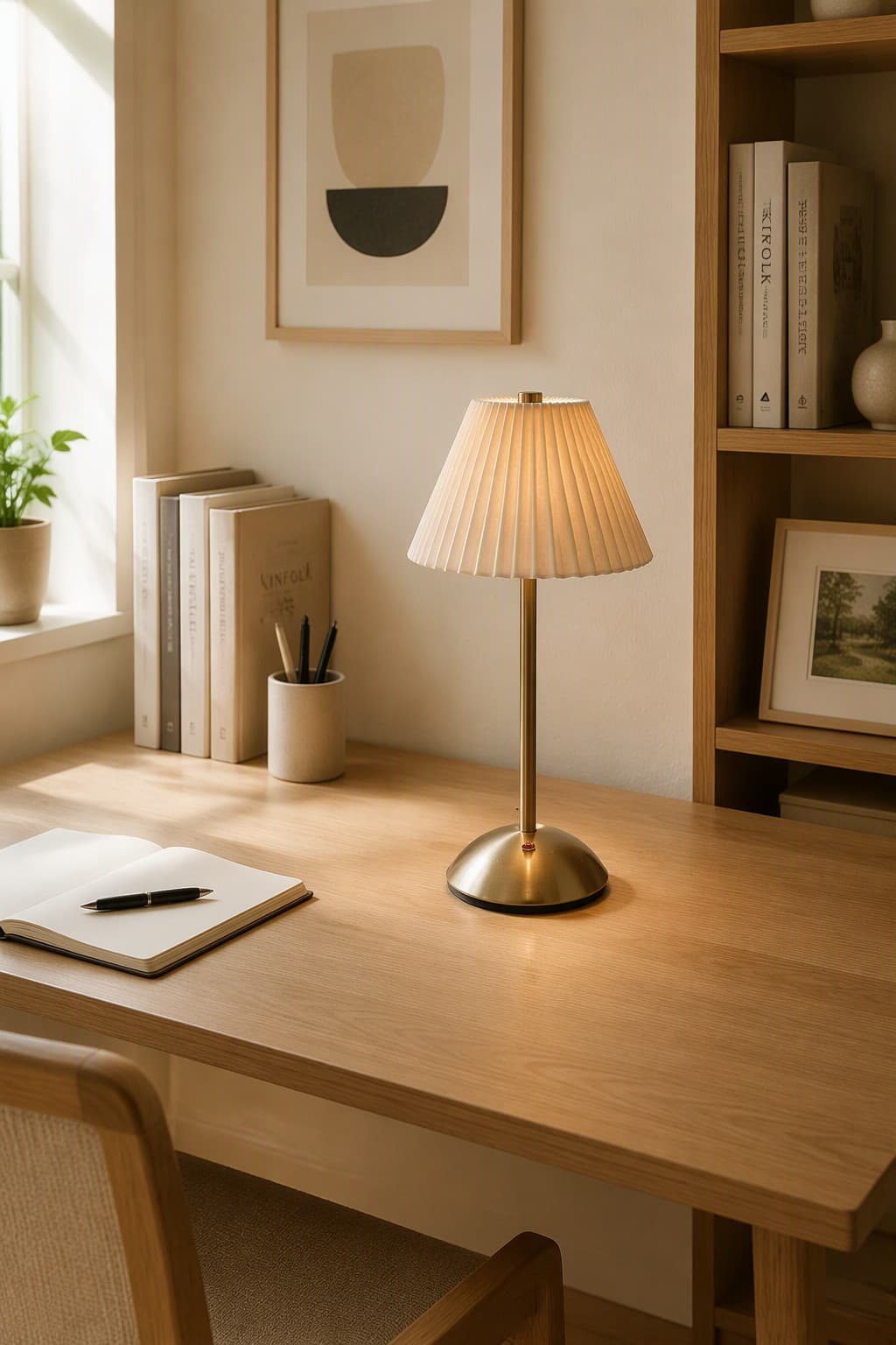 Factory Direct Nordic Pleated Fabric Rechargeable LED Table Lamp with Brass Hardware