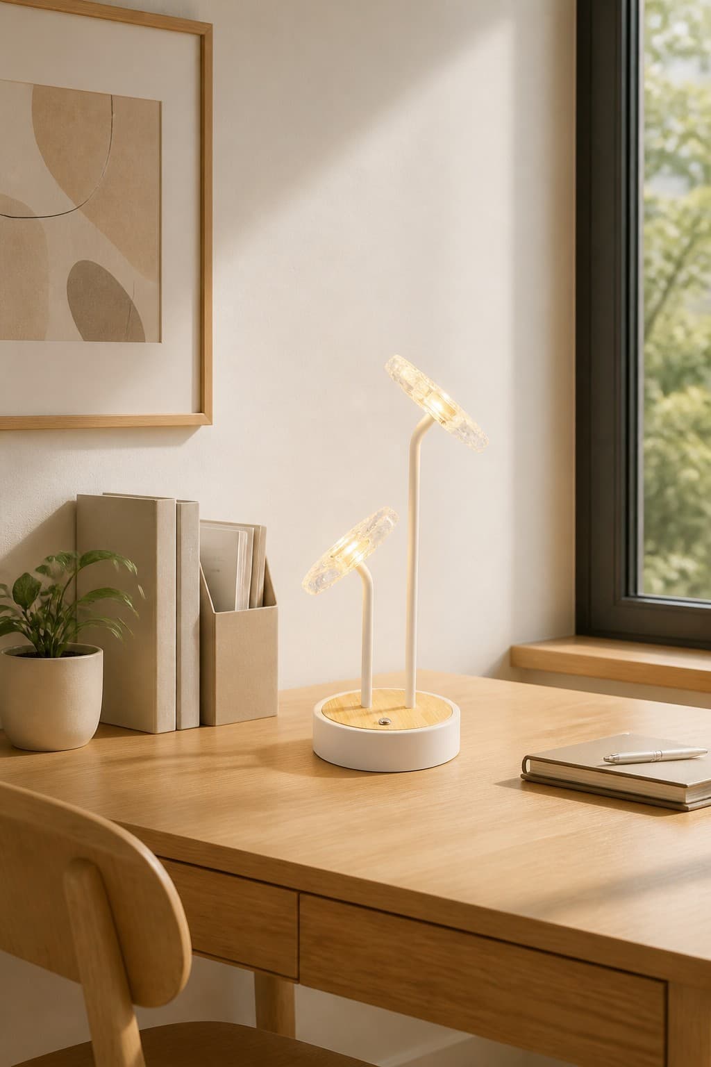 Factory Direct Artistic Lotus Flower Rechargeable LED Table Lamp with Double Heads & Wood Grain Base