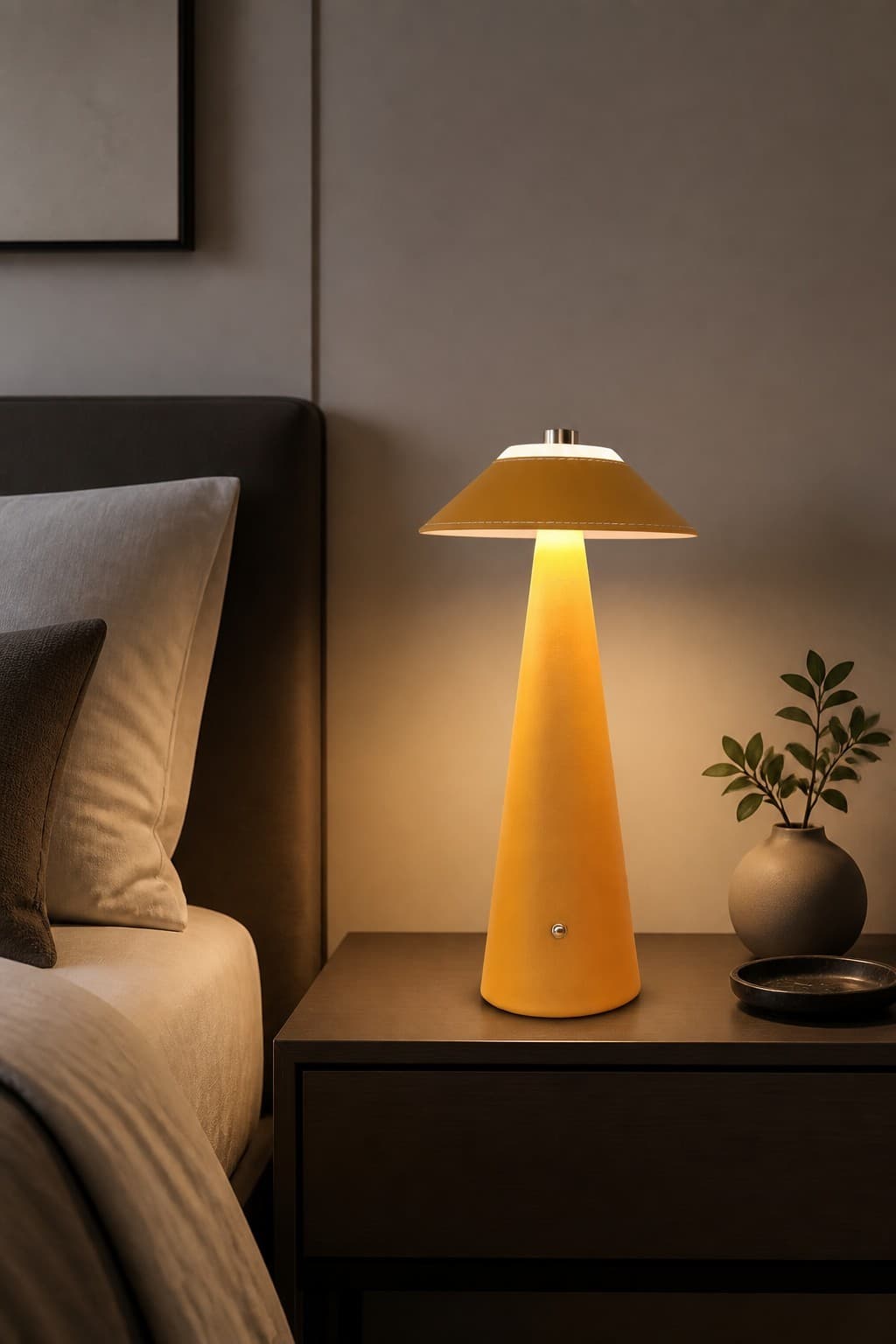 Nordic Luxury Leather-Wrapped Conical Rechargeable LED Table Lamp with 3-Color CCT & Touch Control