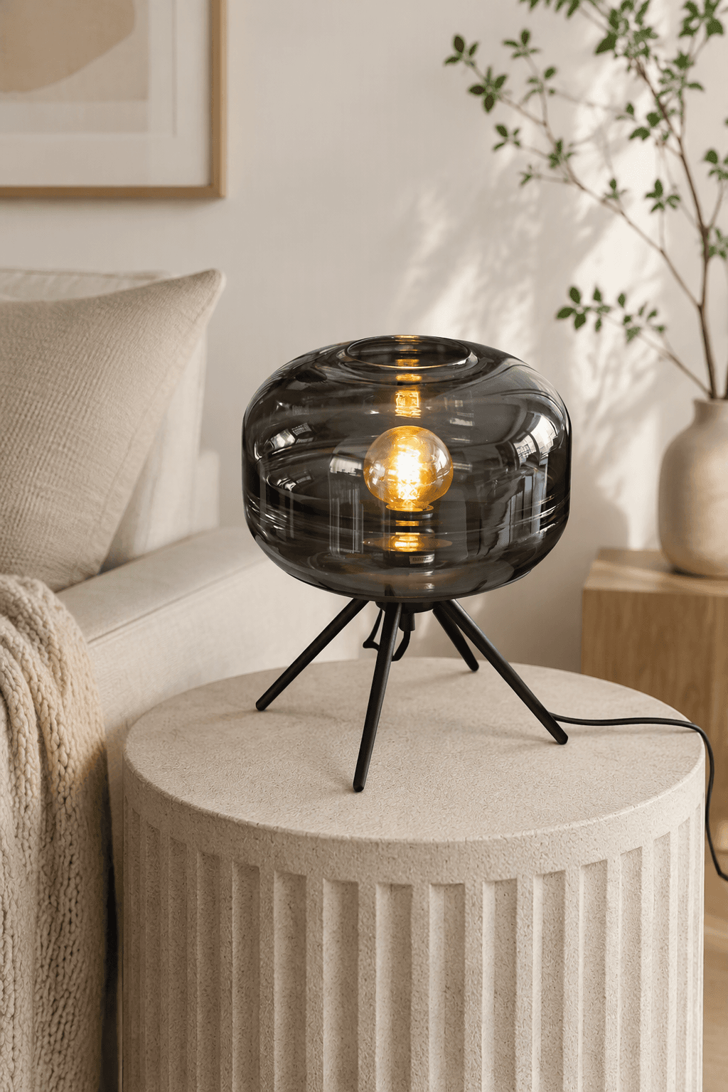 Modern Ribbed Glass Tripod Table Lamp for Living Room, Bedroom & Study