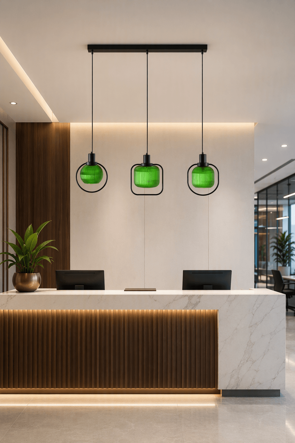 Modern 3-Light Green Glass Pendant Light (L720*W150*1500mm) - E27 Linear Fixture