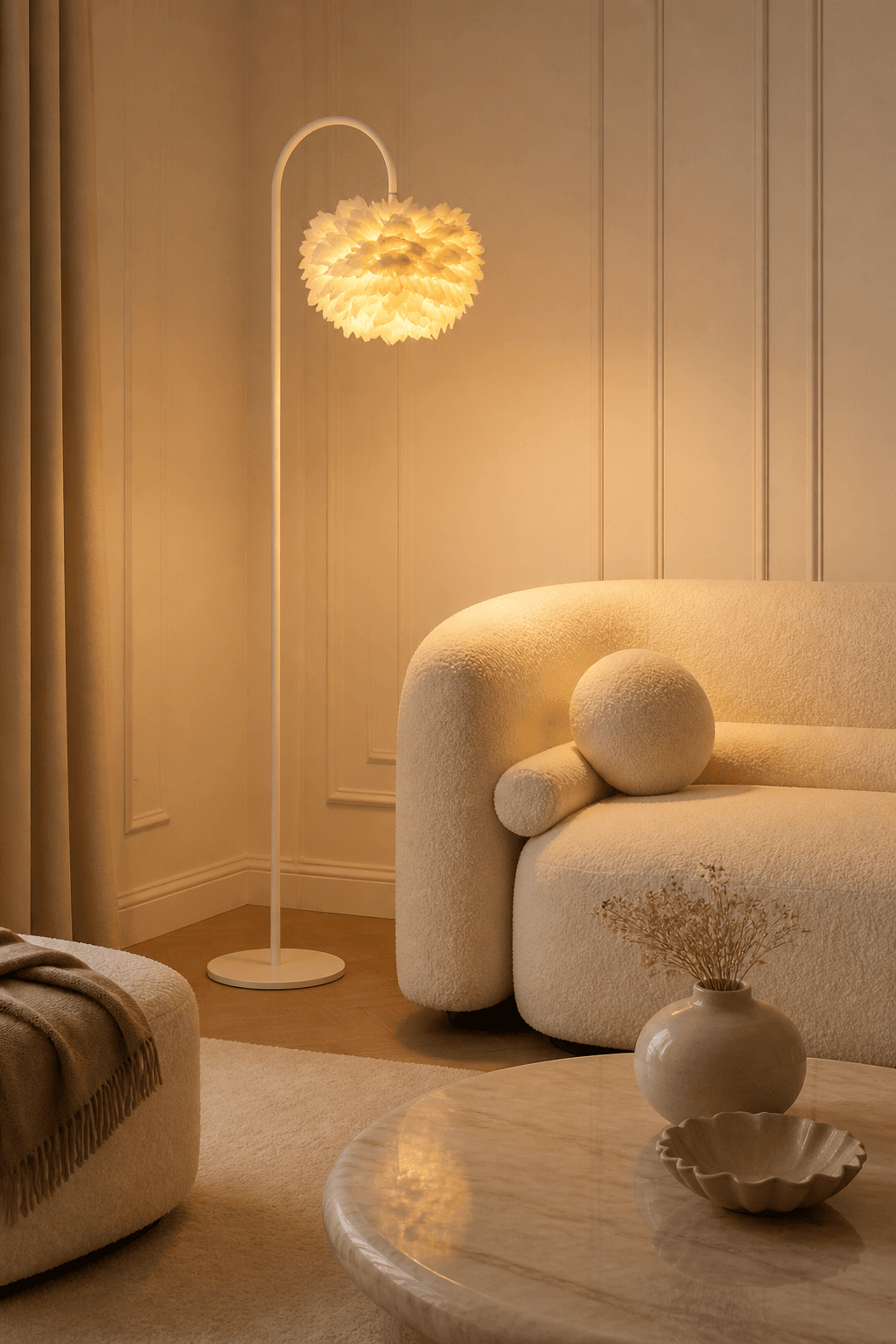 Romantic Goose Feather Floor Lamp – J-Shaped Modern Standing Light for Bedroom & Living Room