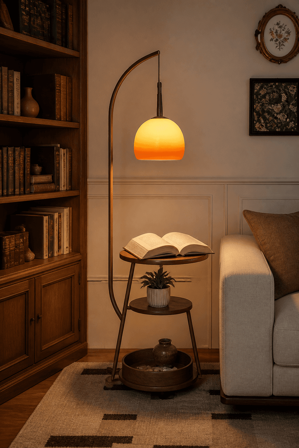 Multi-Tier Wood Tray Floor Lamp with Amber Glass Shade – Modern Standing Storage Lamp