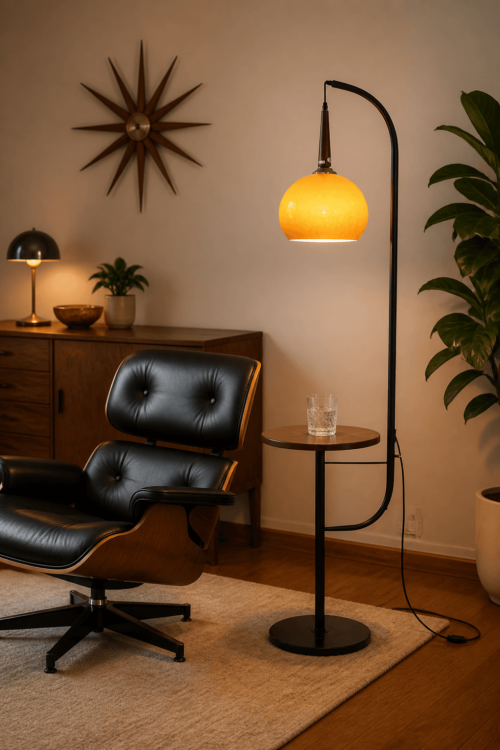 Modern Telescopic Floor Lamp with Real Wood Tray & Amber Glass Shade