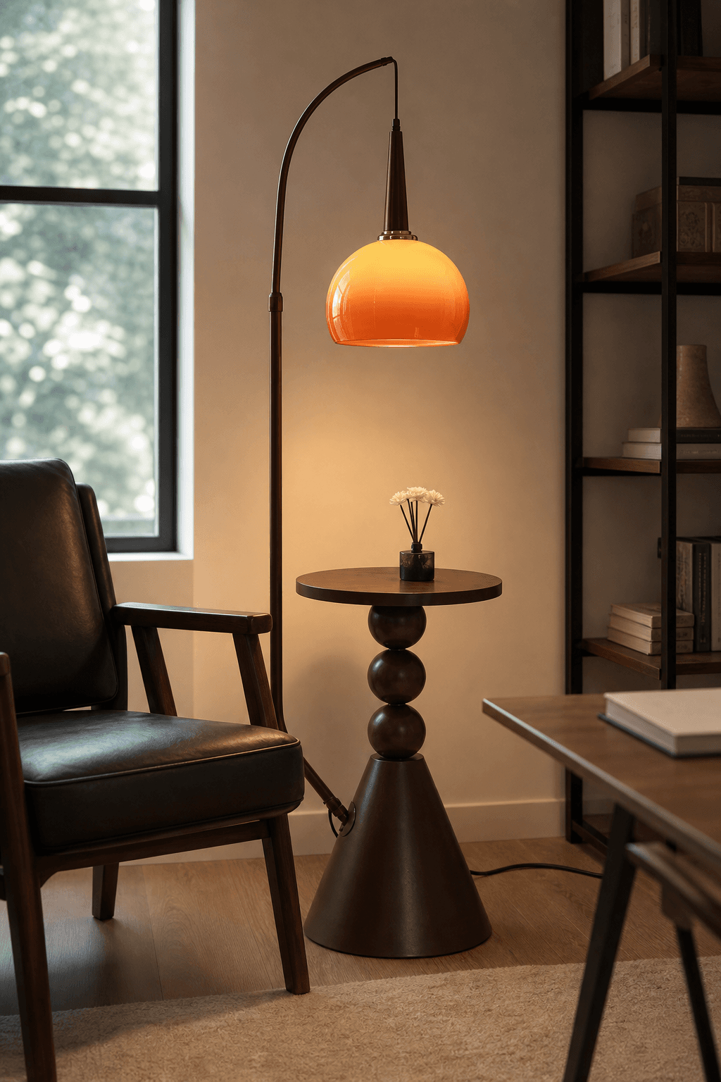 Modern Floor Lamp with Wood Tray Table | 1600mm Amber Glass Standing Light
