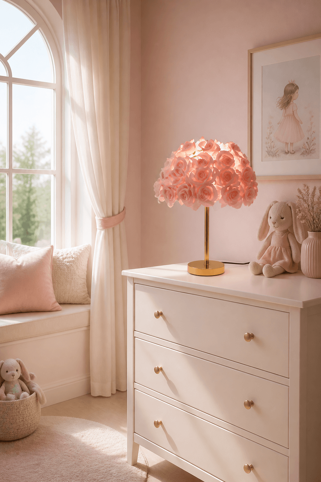 Rose Feather Table Lamp FS-Rose | 500mm Gold Flower Desk Light with E27 9W LED