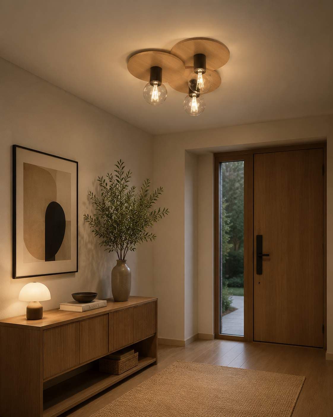 Modern Minimalist Solid Wood Ceiling Light – 3-Light E27 Flush Mount Fixture for Bedroom & Dining Room