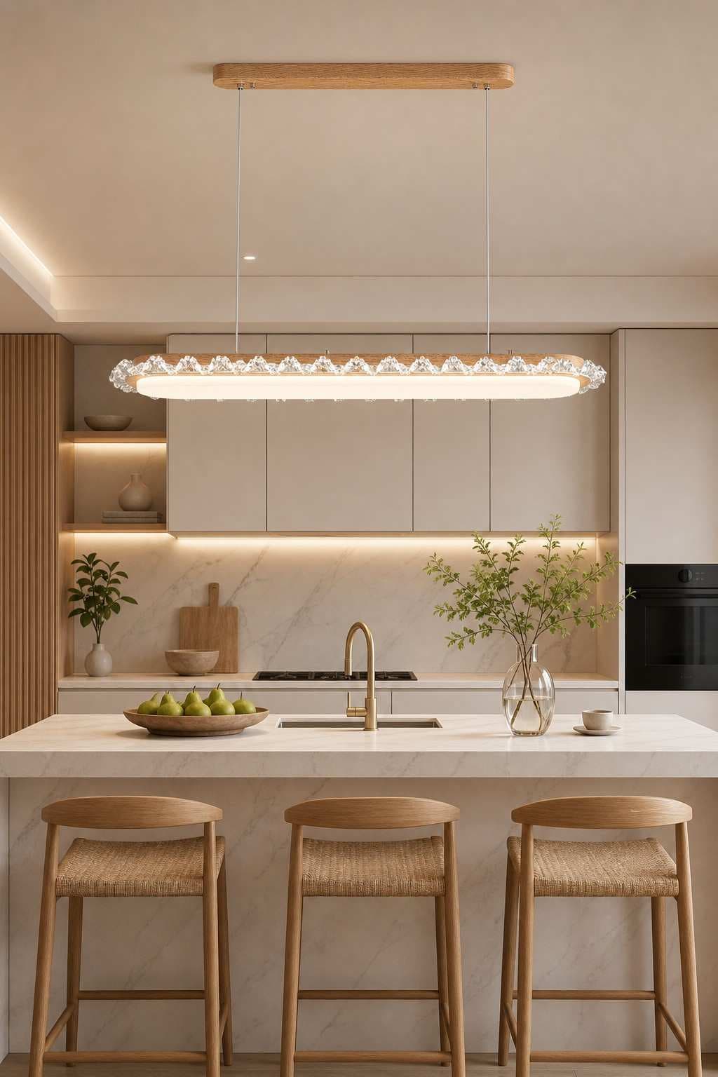 Modern Wood-Grain Linear LED Pendant Light – 40W Iron & Acrylic Hanging Light