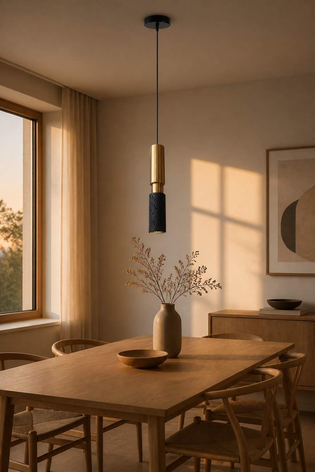 Black Travertine Look Cement and Brass LED Pendant Light – PDL-01N