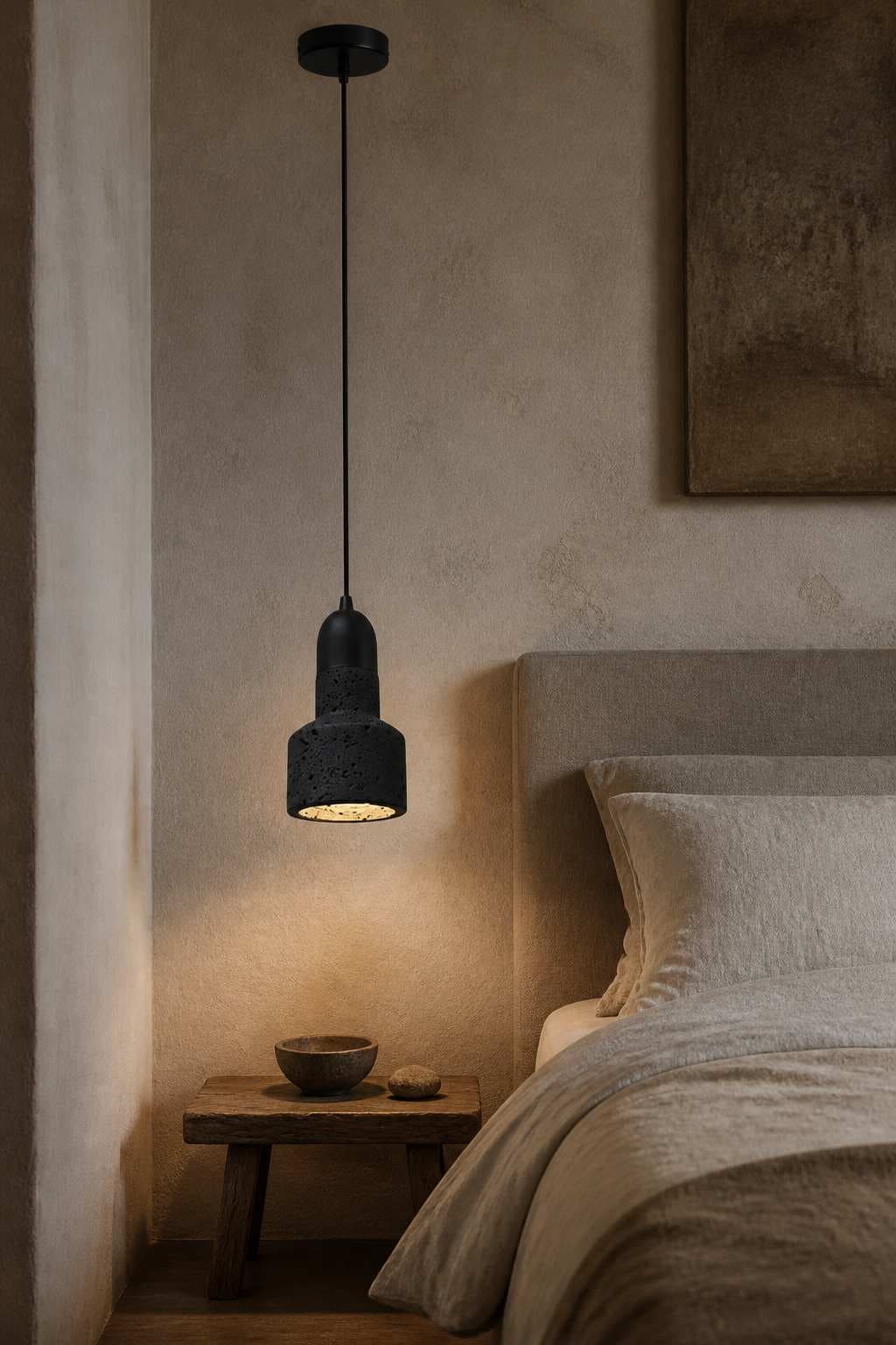 Stepped Black Cement Pendant Light with Travertine-Look Texture – PDL-02E