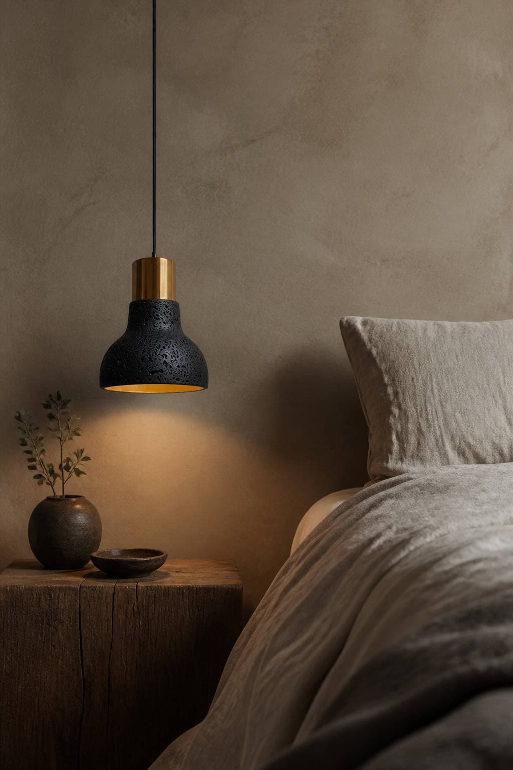 Black Porous Cement Pendant Light with Gold Metal Cap – PDL-03G