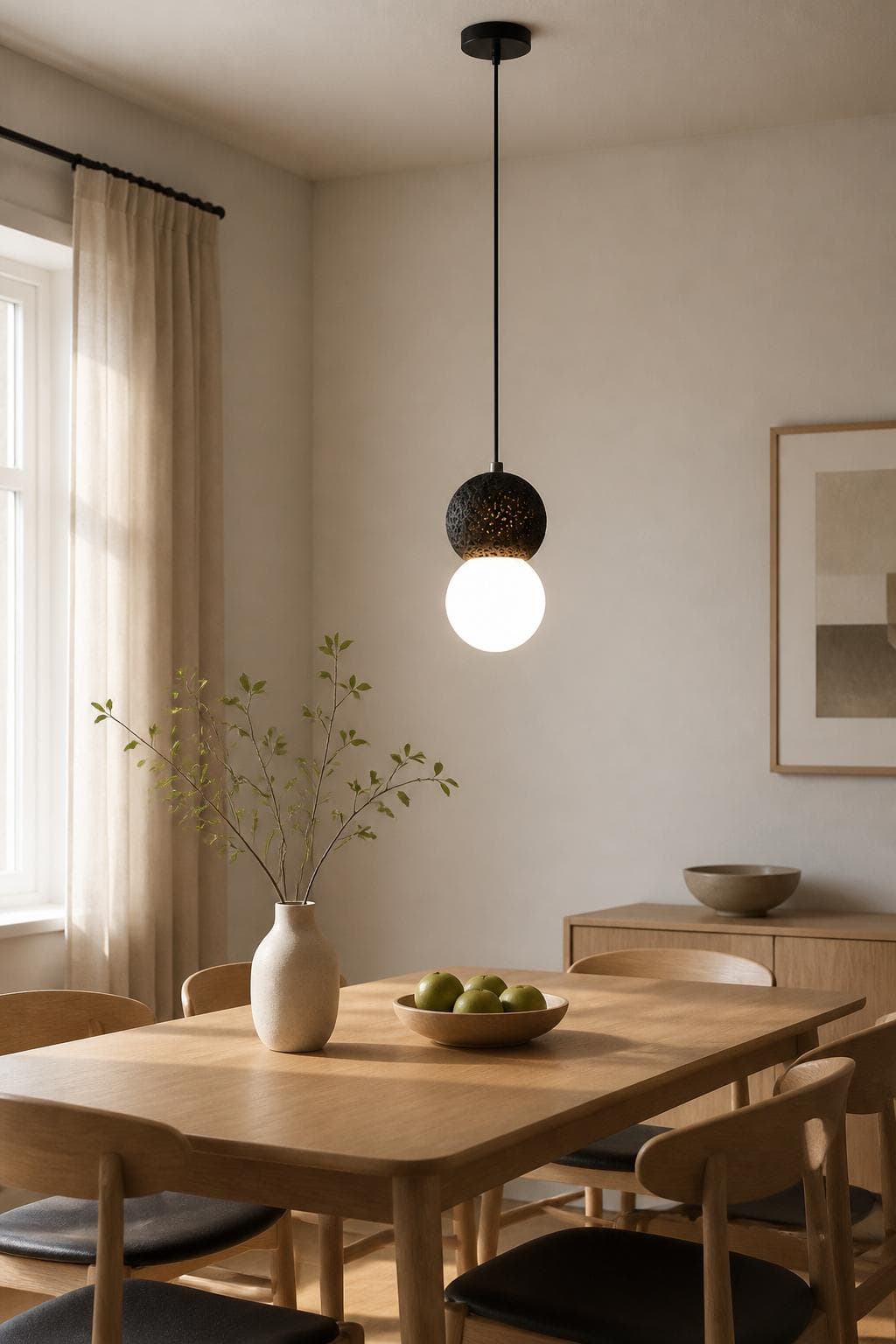 Artisan Dual Sphere Travertine Look Cement Pendant Light - Modern Black Stone & Frosted Glass Hanging Lamp with 7W LED for Minimalist Dining Room & Bedside