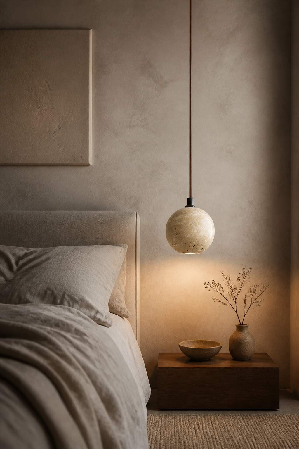 Handcrafted Spherical Yellow Travertine Look Cement Pendant Light - Modern Artisan Stone Orb Hanging Lamp with GU10 LED for Minimalist Dining Room, Bedroom & Cafe