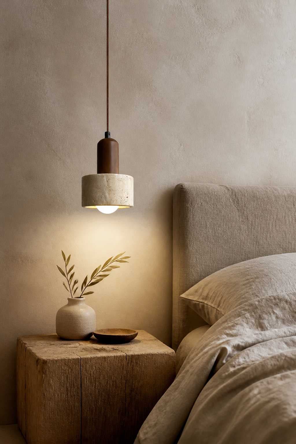 Tiered Cement Pendant Light with Walnut-Finish Detail for Dining Room & Bedside – PDL-07D