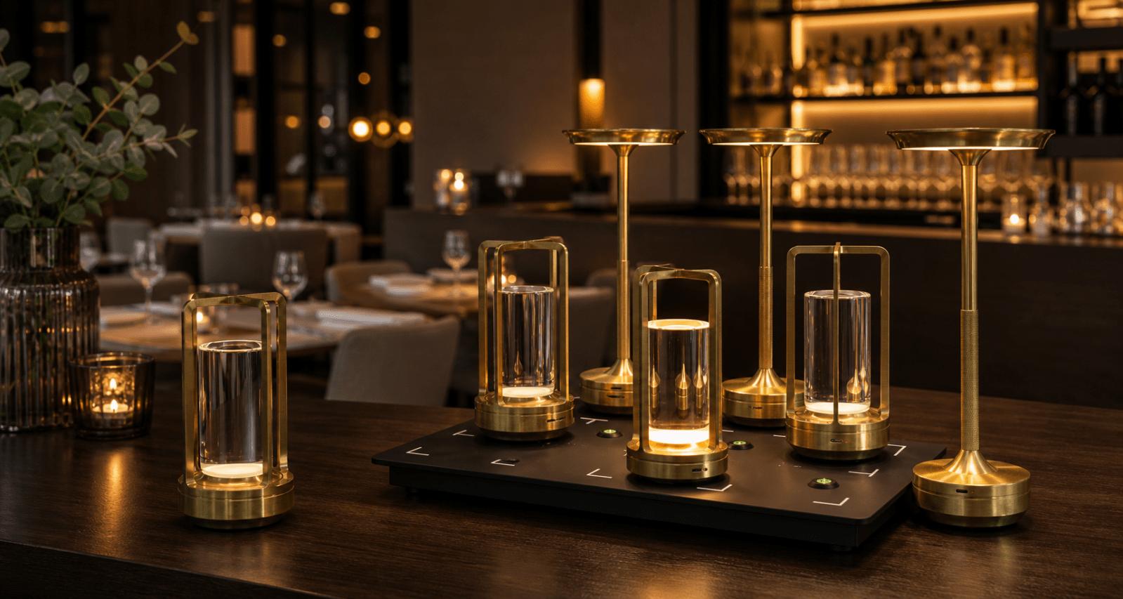 Restaurant rechargeable table lamps charging station.jpg